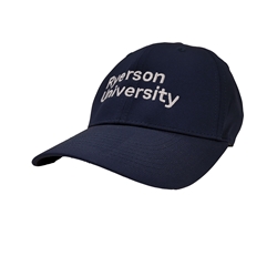 A dark navy baseball cap. Ryerson University in white text appears on the front of the cap. The Nike logo in white appears on the back of the cap.