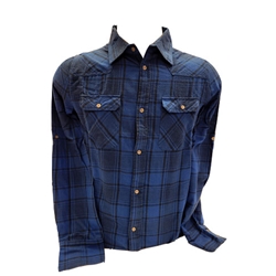 A blue plaid flannel button-up shirt. Ryerson text in dark blue appears vertically on the right lower back