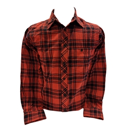 A red plaid flannel button-up shirt. Ryerson text in dark blue appears vertically on the right lower back