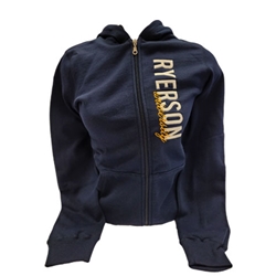 A women's dark navy full zip Roots brand hoodie. Ryerson white text and University gold text appears vertically on the right side of the chest.