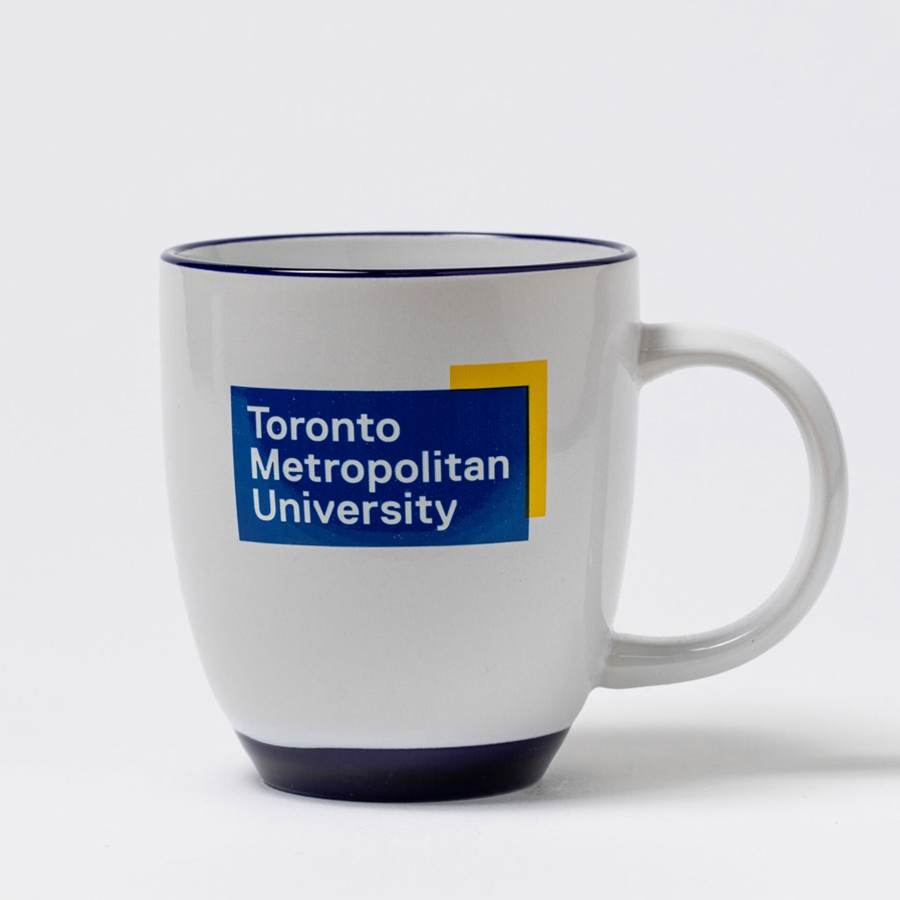 14oz White Mug with Blue Rim, Full Colour University Logo