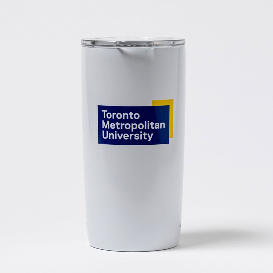 16oz stainless steel, double wall insulated coffee tumbler features the full colour "Toronto Metropolitan University" university logo.