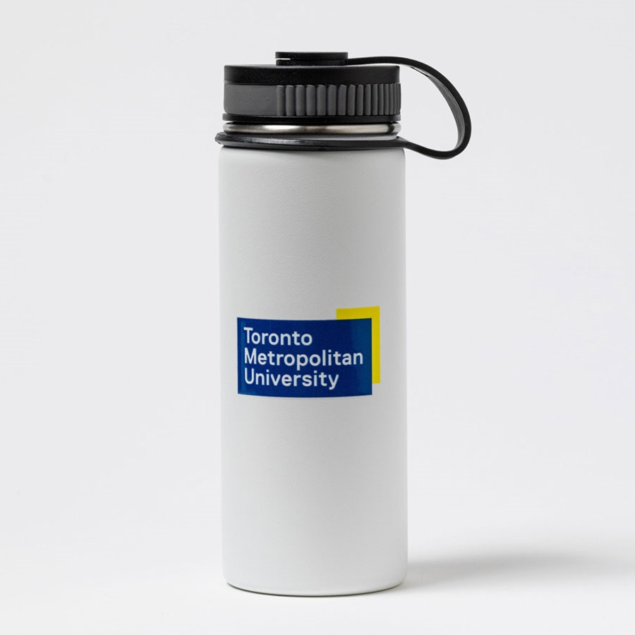 17oz stainless steel, double wall insulated sport tumbler features the full colour "Toronto Metropolitan University" university logo.