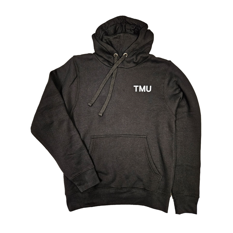 A black pullover fleece hoodie is printed on both sides: a small "TMU" logo on the front left chest, and a large white "Toronto Metropolitan University" university logo on the back.