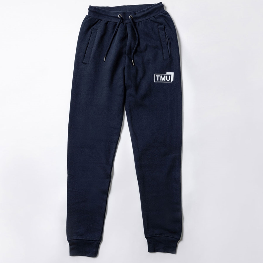 A navy fleece sweatpants features the "TMU" social logo on the left hip, printed in white.