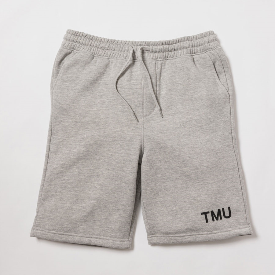 A heathered grey fleece sweat shorts feature "TMU" on the left hip, printed in black.
