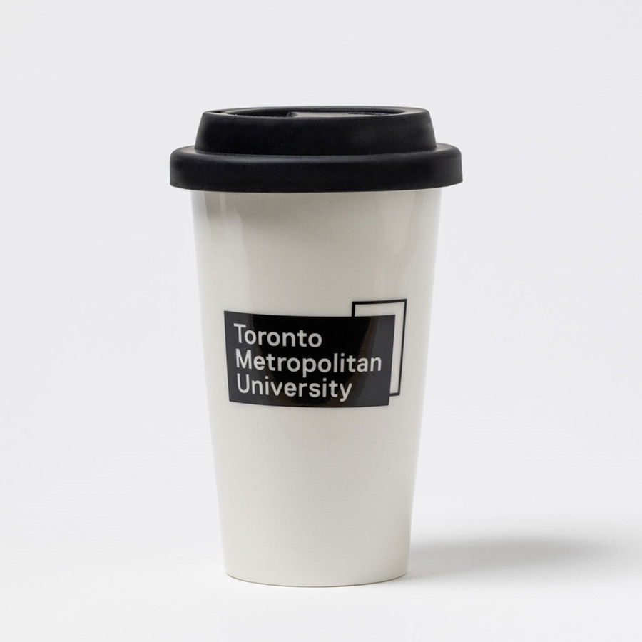 White Ceramic Mug with Black Lid and Black University Logo
