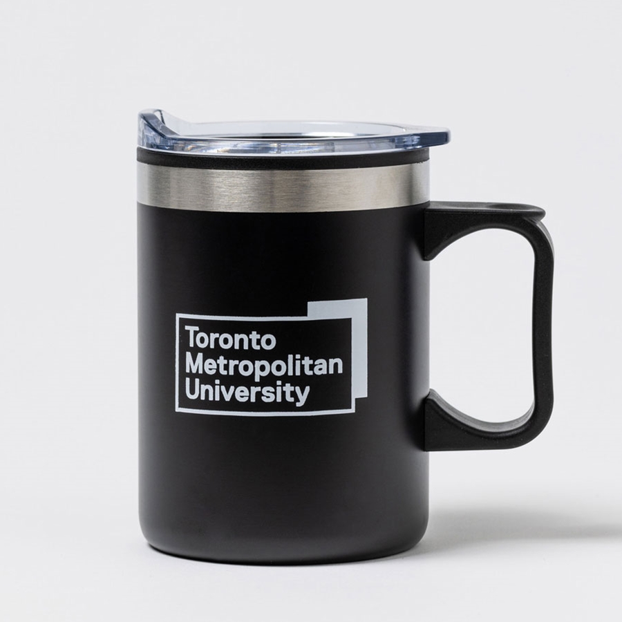 Black Coffee Tumbler with Lid and White University Logo