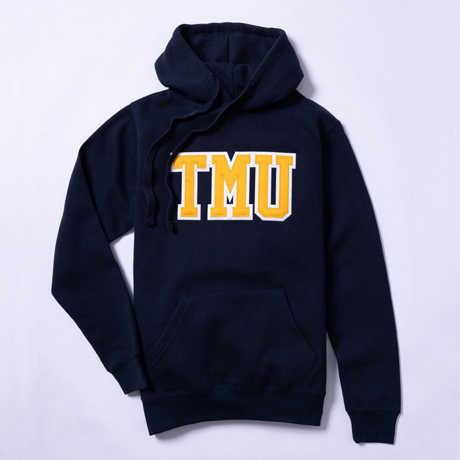Navy Hoodie with Varsity TMU Logo