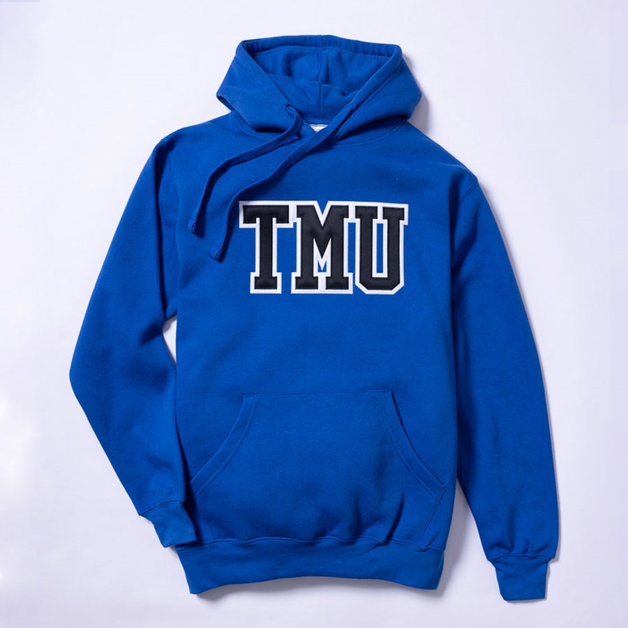Blue Hoodie with Varsity TMU Logo