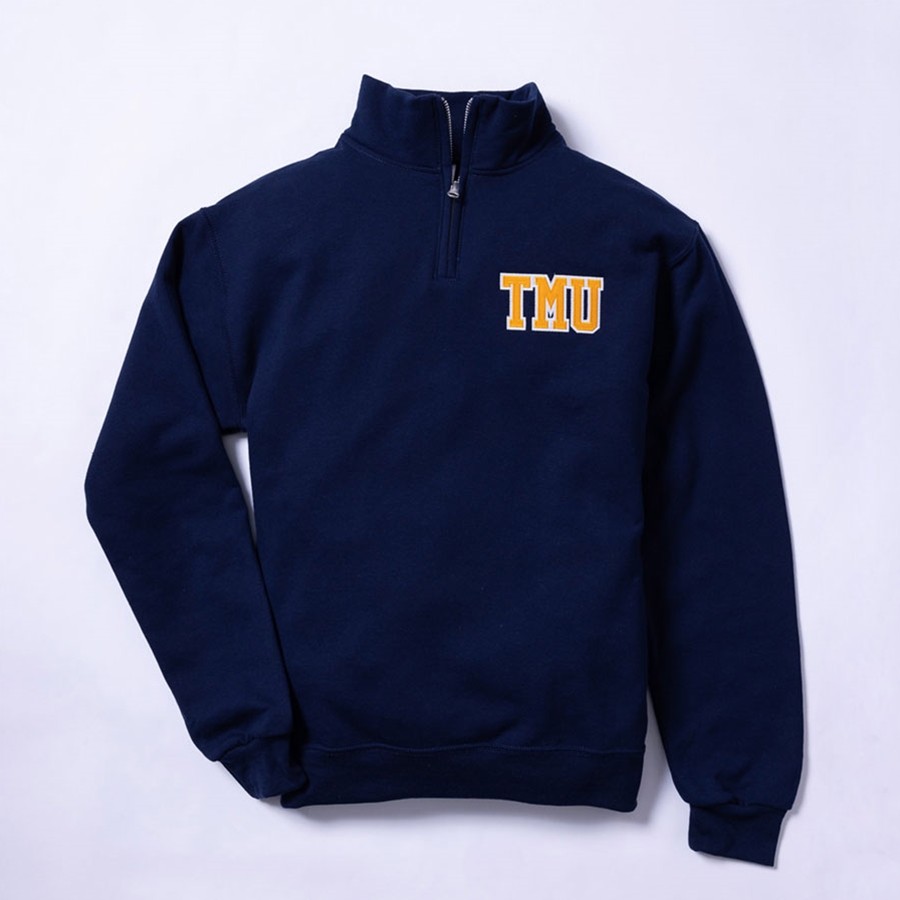 Navy Quarter Zip Sweatshirt with Left Chest Varsity TMU Logo