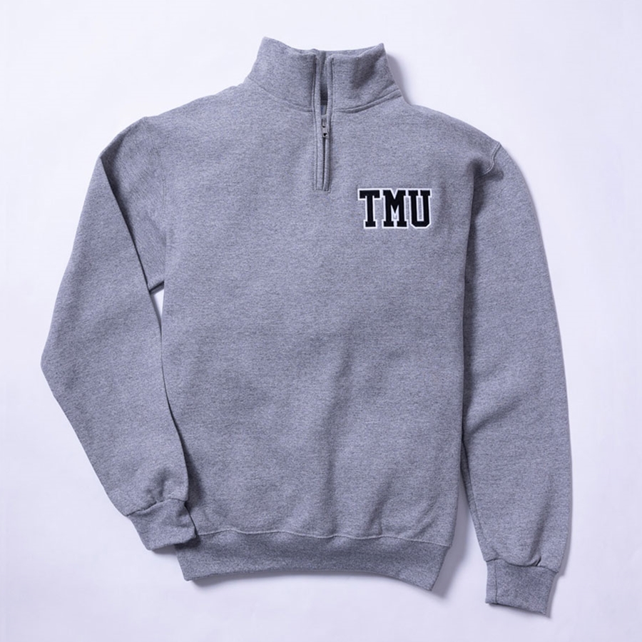 Grey Quarter Zip Sweatshirt with Left Chest Varsity TMU Logo