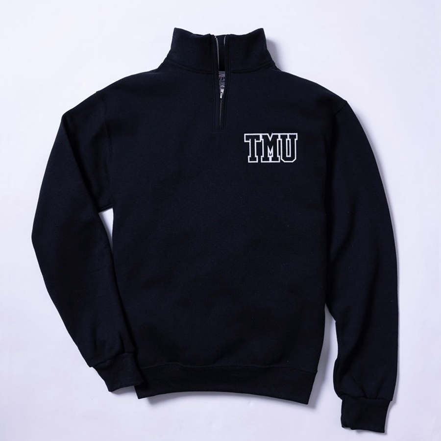 Black Quarter Zip Sweatshirt with Left Chest Varsity TMU Logo
