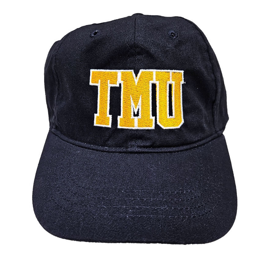 A navy ballcap with an adjustable back closure, and embroidered varsity "TMU" logo centred on the front.