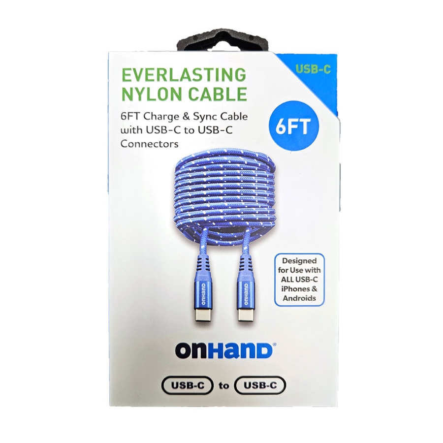 6 Feet Everlasting Nylon Cable with USB-C to USB-C Connectors - Blue