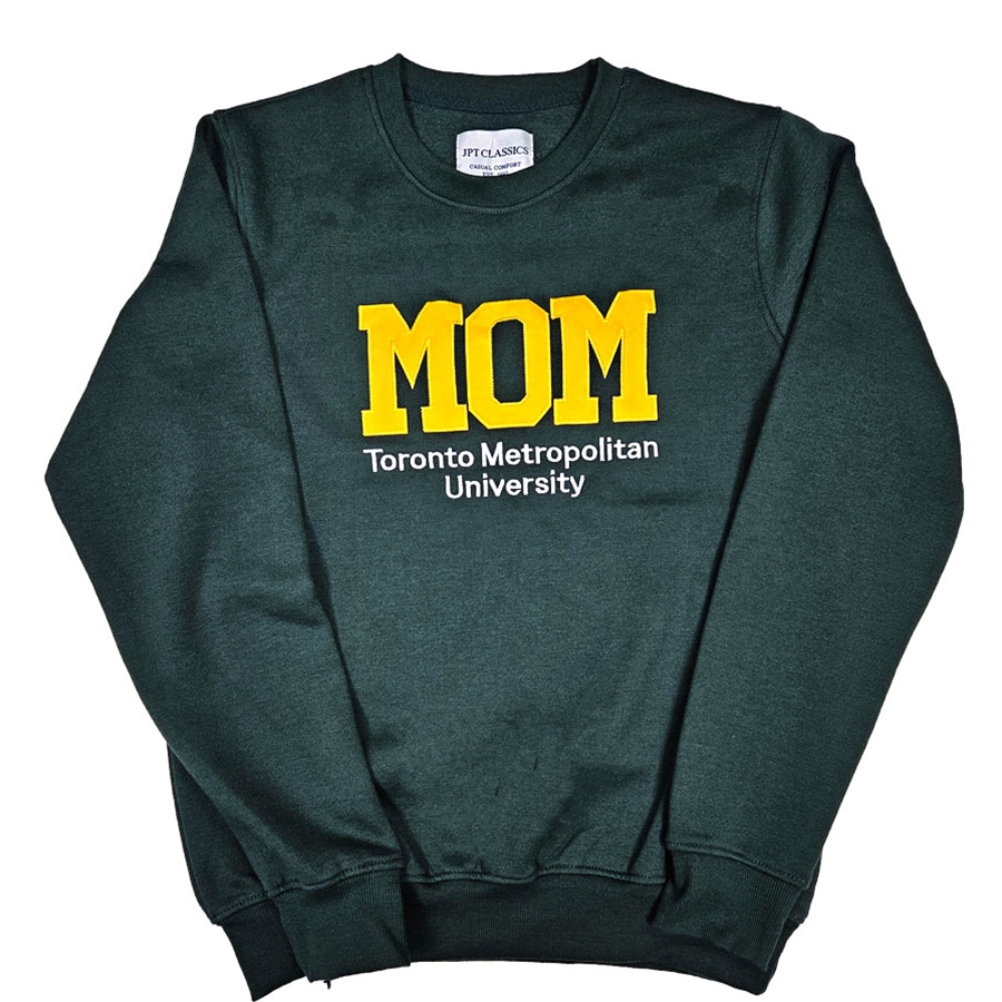 TMU Mom Comfort Crewneck with Yellow TMU Felt Logo - Green