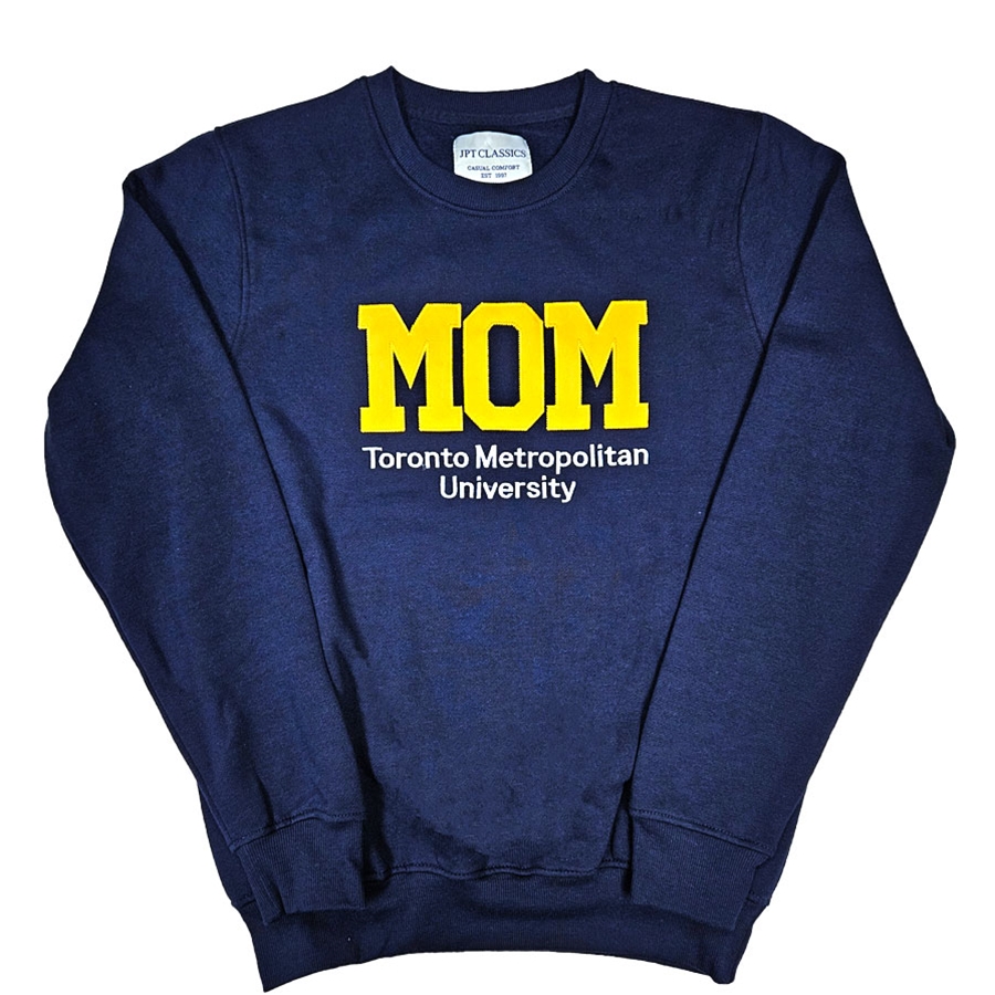 TMU Mom Comfort Crewneck with Yellow TMU Felt Logo - Navy