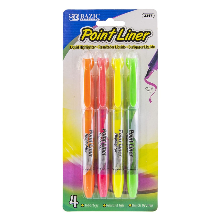 Pen Style Liquid Highlighters with Cushion Grip 4PK Assorted